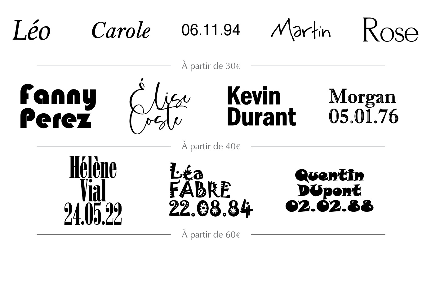 Lettrage personnalisé, dates et écritures gravées sur mesure