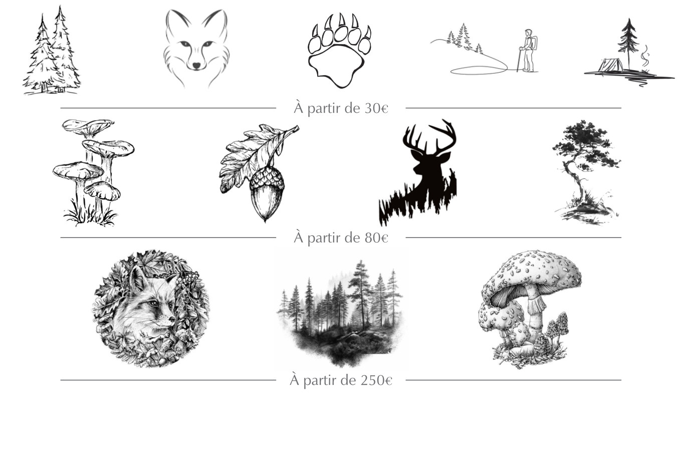 Motifs forêt, végétation gravée, dessin sur mesure