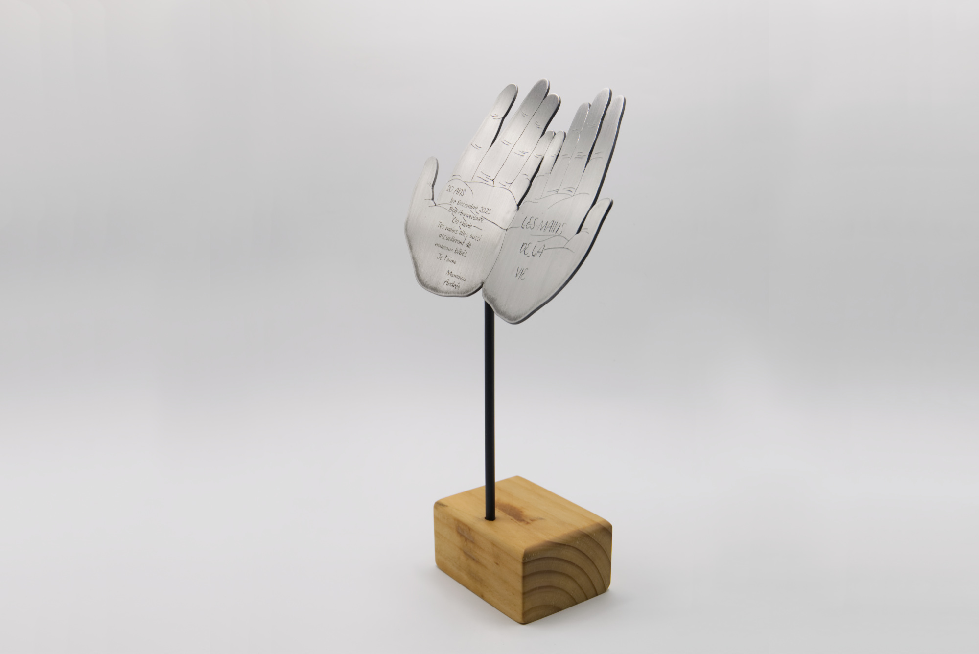 Sculpture sur mesure : Les mains de la vie, autre angle vue d’ensemble